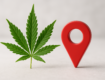 A green cannabis leaf next to a red location pin symbol on a light background.