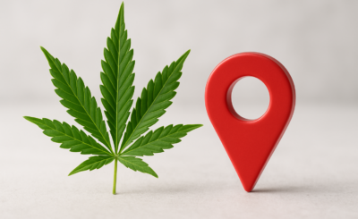 A green cannabis leaf next to a red location pin symbol on a light background.