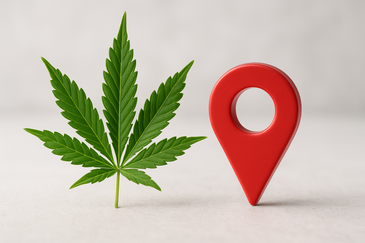 A green cannabis leaf next to a red location pin symbol on a light background.