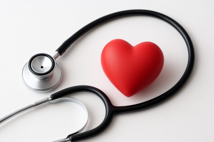 Stethoscope and red heart figurine arranged on a plain background