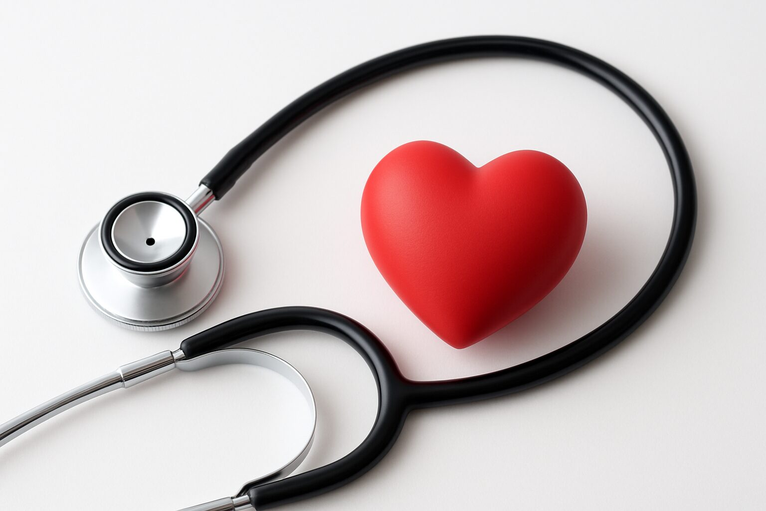 Stethoscope and red heart figurine arranged on a plain background